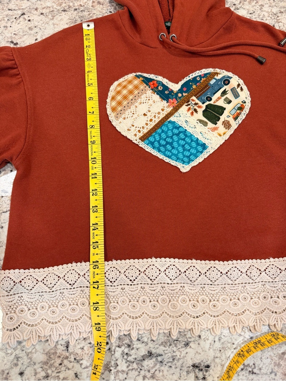 Upcycled Boho Patchwork Heart Crochet Hoodie Rust S OOAK - Picture 3 of 10
